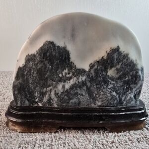 Vintage Chinese Landscape Scene Natural Dream Stone On Wood Base